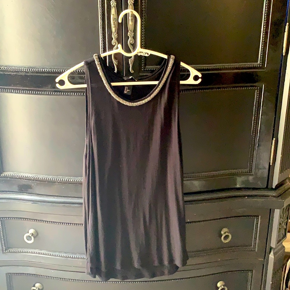 Long tunic sleeveless tank, metallic trim neckline